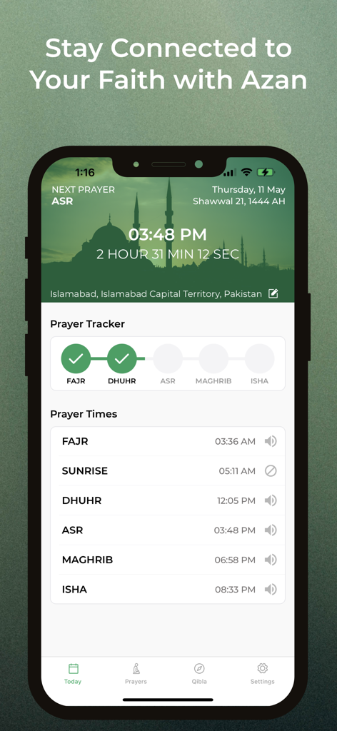Mobile app interface for Azan Prayer Times showing the daily prayer schedule and a progress tracker for Fajr and Dhuhr.