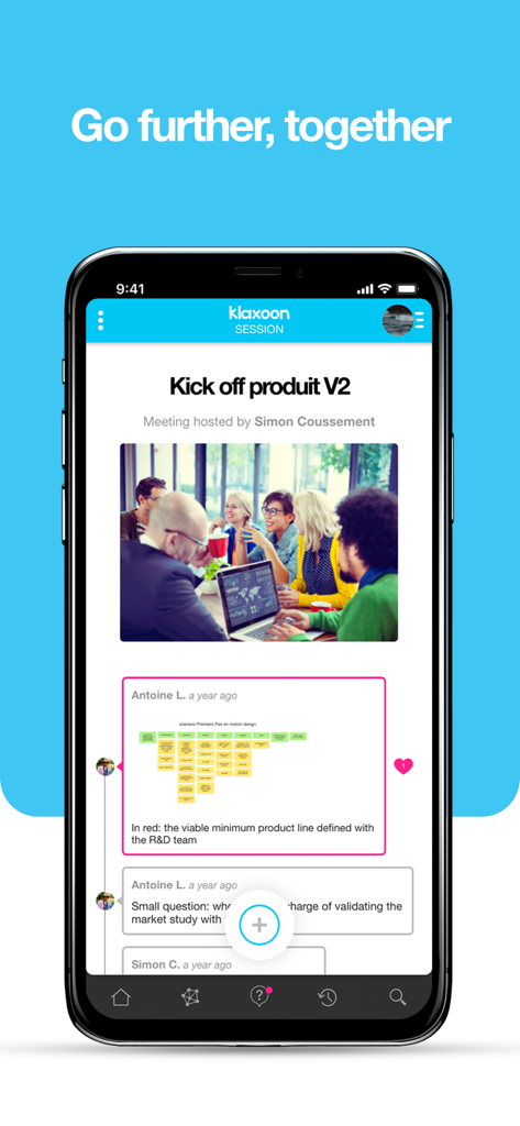 Interface de l'application mobile Klaxoon montrant une session d'atelier de projet collaboratif