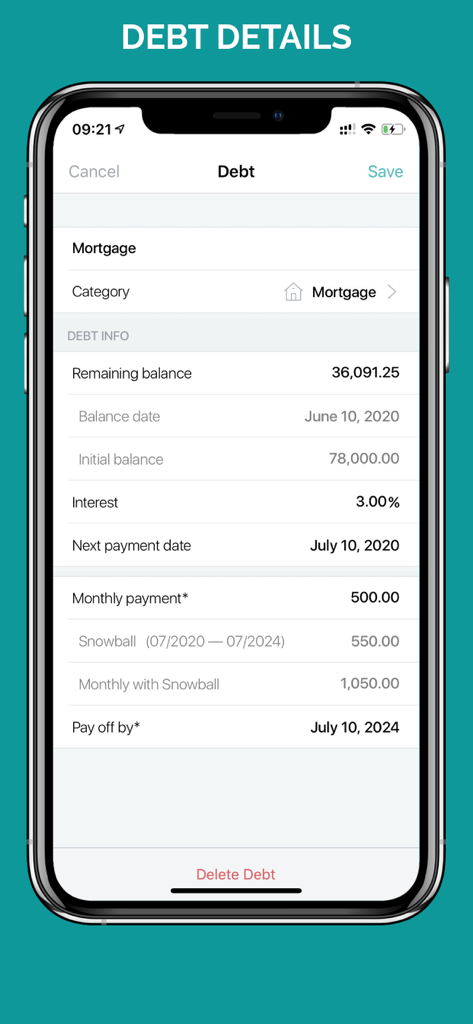 Debt Free Box: Snowball Payoff - Debt Free Box app interface showing mortgage debt details including balance, interest rate, and payoff date.