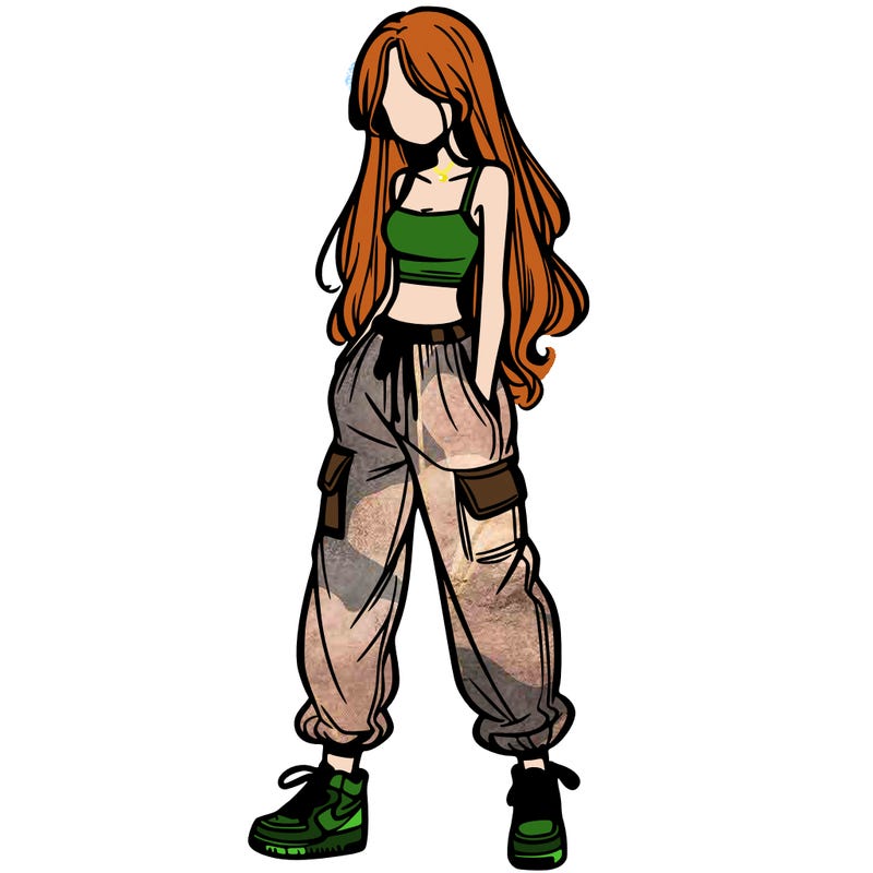 girl in baggy pants crop top and long hair