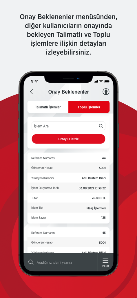 Ziraat Bankasi OPIアプリのインターフェース。保留中の法人取引承認のリストが表示されています。