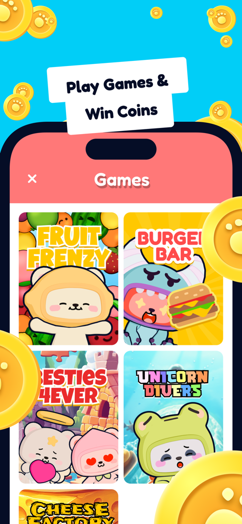 A selection of cute mini games in the Chonk app including Fruit Frenzy and Burger Bar used to earn coins