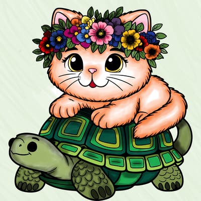 a realistic cat, wearing a flower crown, riding on top of a smiling tortoise