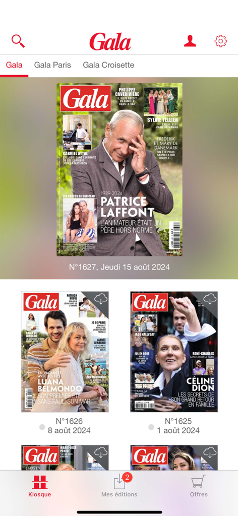 Gala magazine app digital kiosk with celebrity covers and navigation menu