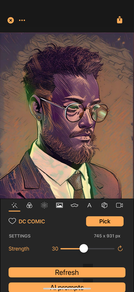 Stylo - AI Comic Artist - A man with glasses and a beard transformed into a DC Comic art style using the Stylo AI app interface.
