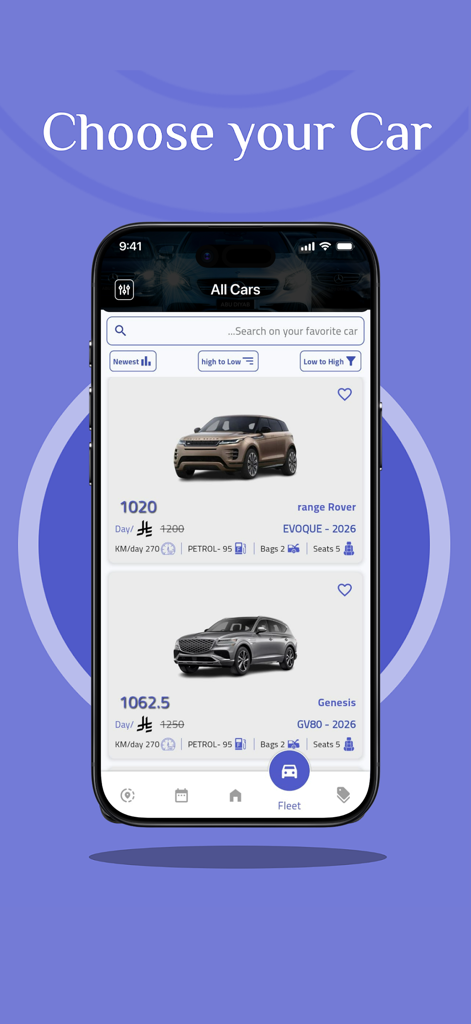 Pantalla de la aplicación móvil AbuDiyab que muestra una lista de coches de alquiler disponibles, incluyendo Range Rover y Genesis con precios y especificaciones.