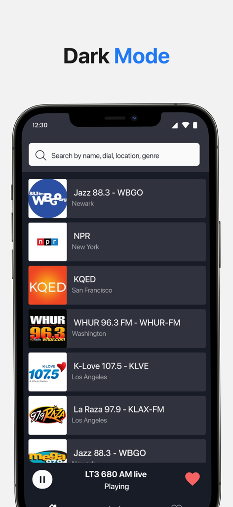 Radio‎‎ App - Smartphone-Bildschirm, der die Radio App im Dark-Mode mit einer Liste von Sendern wie NPR und La Raza anzeigt