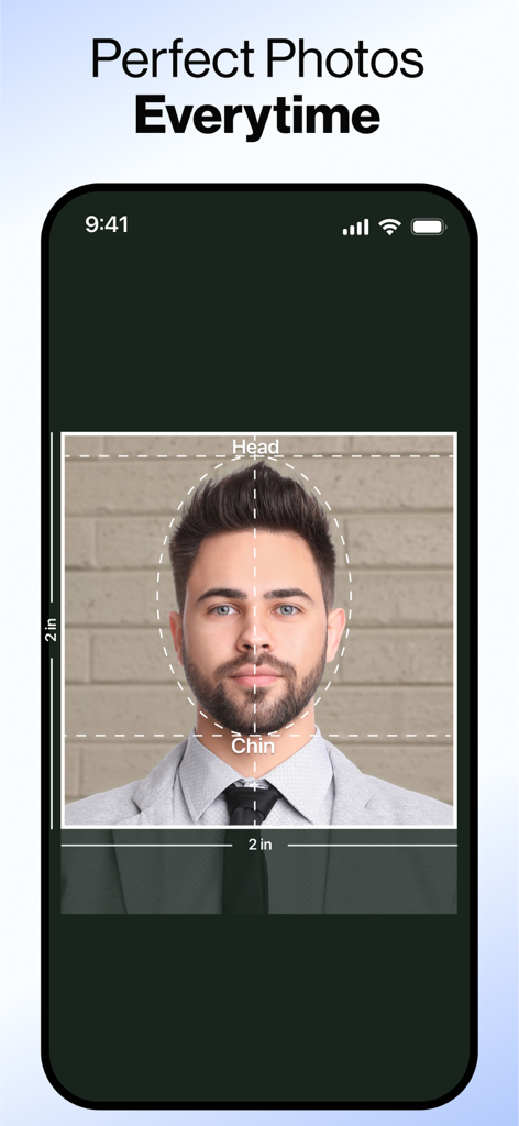 Mobile app interface showing head alignment guides for a standard 2x2 inch ID photo.