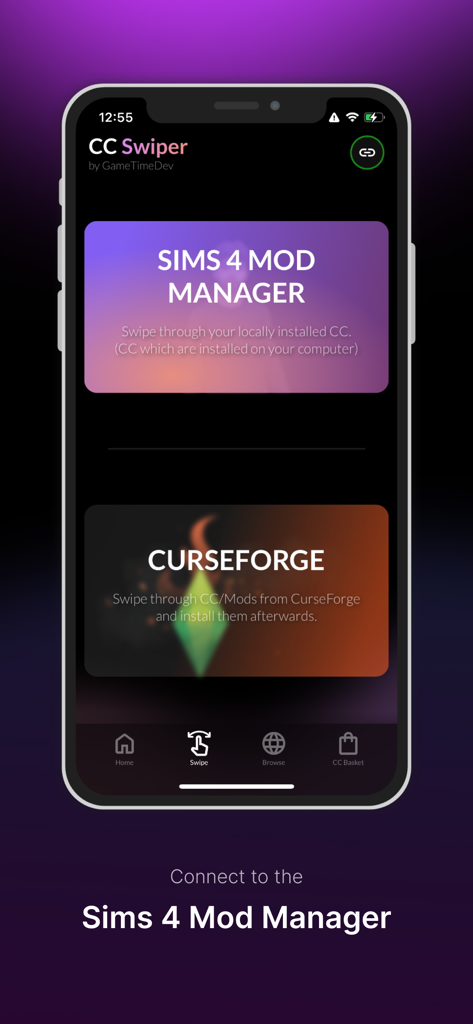 CC Swiper - CC Swiper mobile app interface showing options for Sims 4 Mod Manager and CurseForge integration