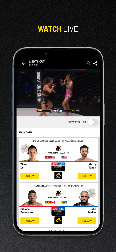 ONE Championship App-Oberfläche, die einen Live-Kampfsportkampf und Details zur Hauptkarte zeigt