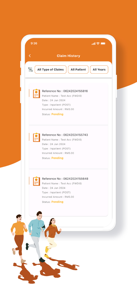 FWD HealthHub app screen showing a list of medical claim history with pending status