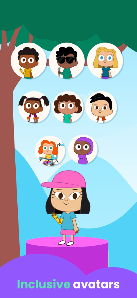 A display of diverse child characters representing different abilities and backgrounds under the text inclusive avatars