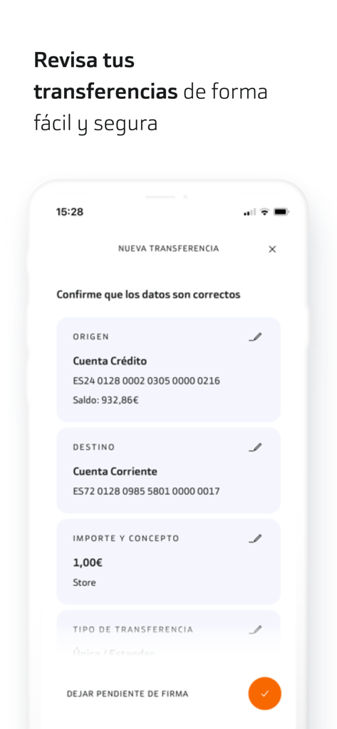 新しいビジネス銀行送金の確認画面を示すBankinter Empresasモバイルアプリのインターフェース