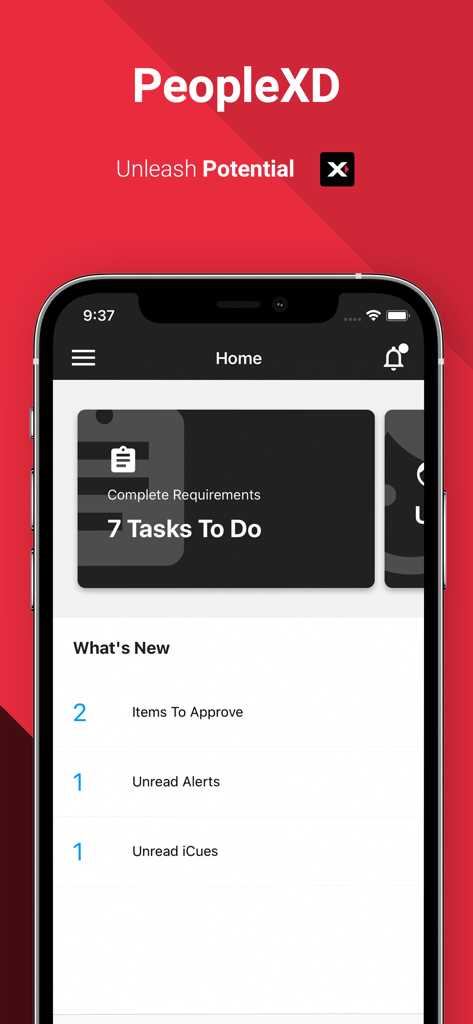 Access PeopleXD - Home screen of the Access PeopleXD app displaying pending tasks and HR approvals