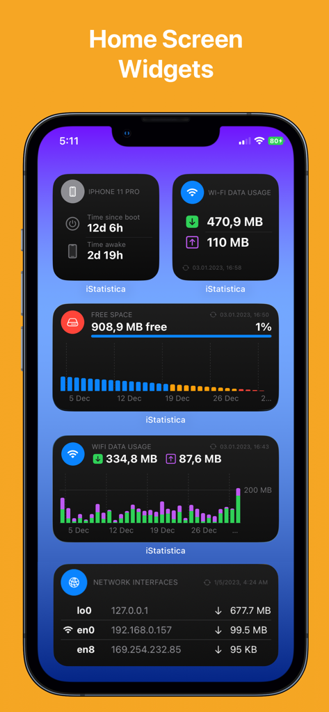 Una colección de widgets de pantalla de inicio de iStatistica en un iPhone mostrando el tiempo de actividad del sistema, el uso de datos de red y estadísticas de almacenamiento de disco