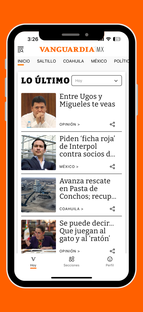 Interfaz de la aplicación de noticias Vanguardia que muestra los últimos titulares de noticias de Saltillo y Coahuila.
