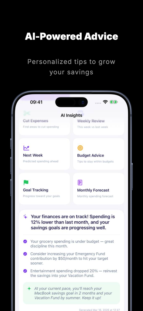 Expense Tracker Genius - Pantalla de la aplicación Expense Tracker Genius que muestra consejos financieros y de ahorro personalizados impulsados por IA.