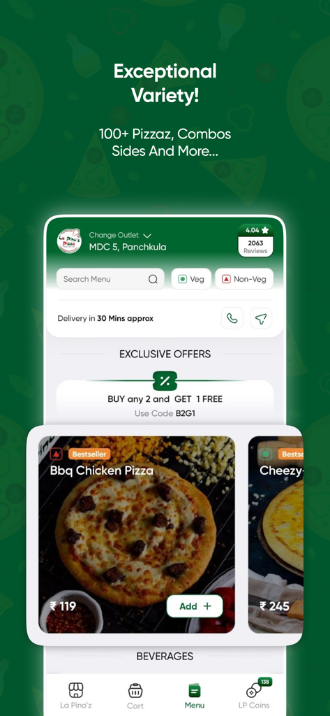 La Pino'z - Order Pizza Online - Écran de l'application mobile La Pino'z présentant la variété du menu de pizzas et l'offre exclusive achetez-en 2, obtenez-en 1 gratuit.