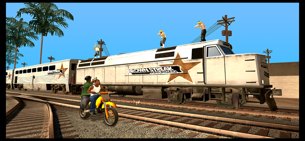 GTA サンアンドレアスにて、CJとビッグ・スモークがバイクに乗って列車を追跡する様子。