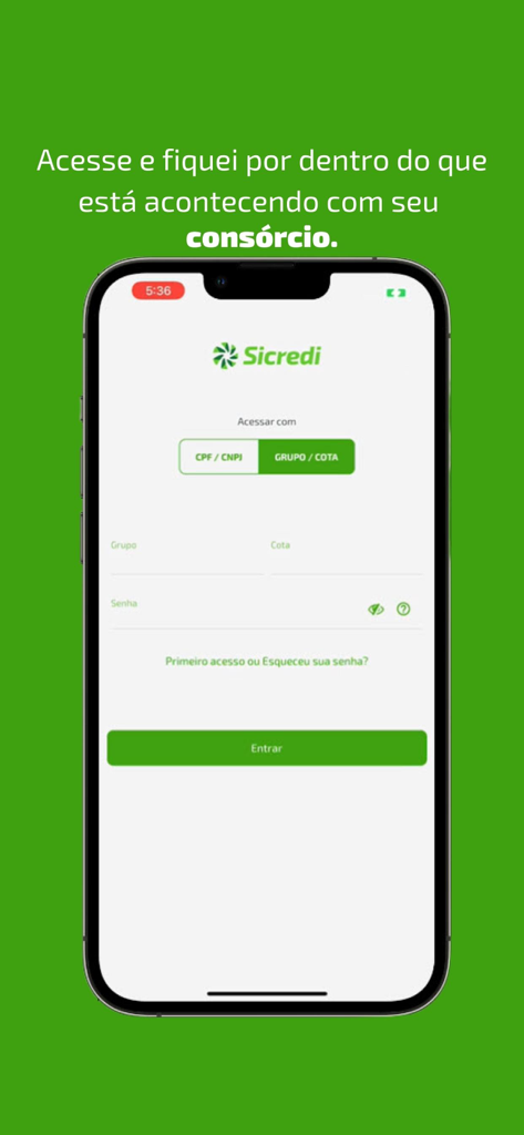 Consórcio do Sicredi - Login screen of the Sicredi Consorcio mobile app for managing financial consortiums