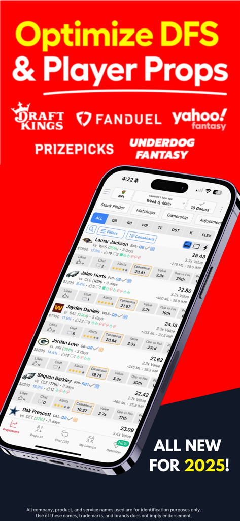 LineStar mobile app interface displaying NFL player projections and DFS lineup optimization tools