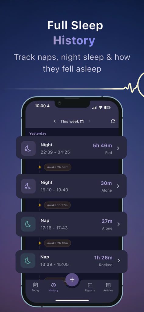 Nana: Baby Sleep Coach - A mobile app screen showing a detailed daily sleep log with durations and falling asleep methods for a baby