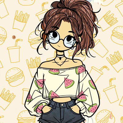 girl with a messy ponytail glasses a baggy crop top and jean shorts