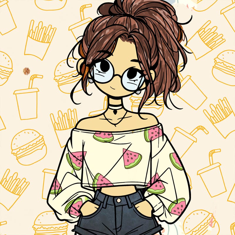 girl with a messy ponytail glasses a baggy crop top and jean shorts