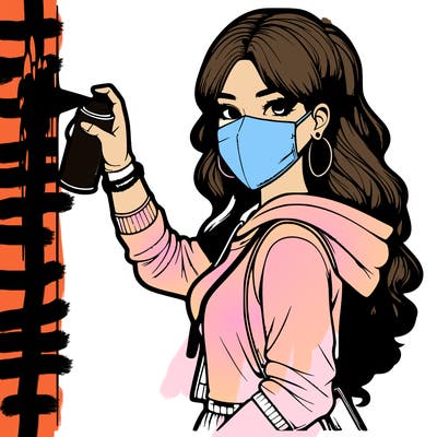 realistic girl with mask spray painting a wall