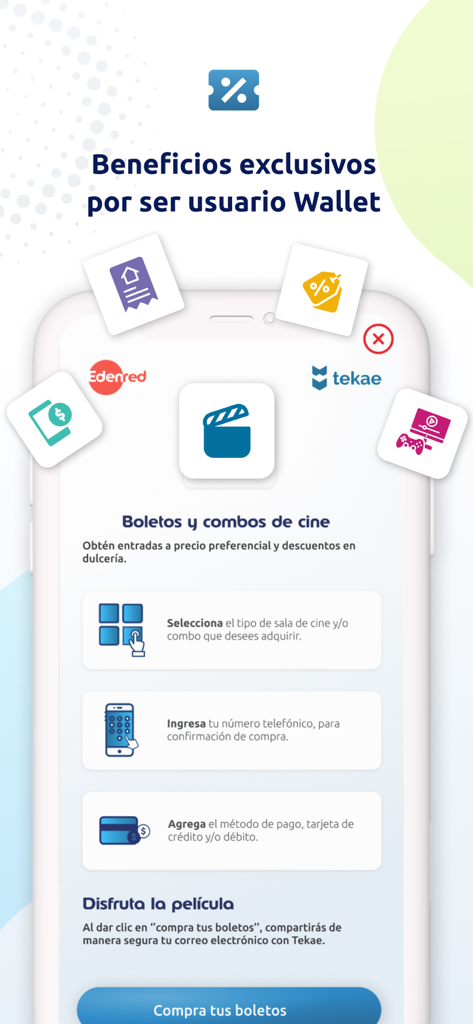 Edenred Wallet app interface for purchasing movie tickets and combos with exclusive discounts