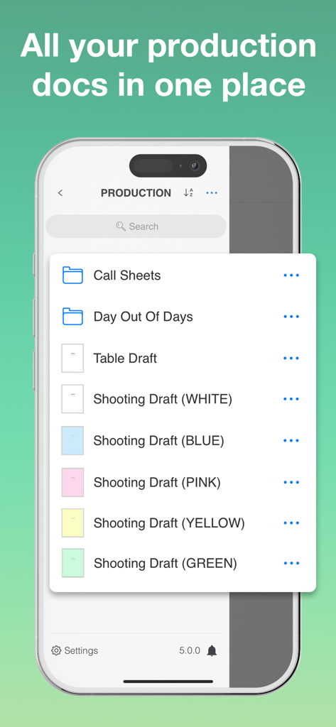 Scriptation: PDF for Film & TV - Scriptation app screen showing a digital production binder with folders for call sheets and color coded script drafts