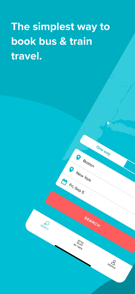 Wanderu: Bus & Train Tickets - Wanderu app booking interface showing a search for bus and train tickets from Boston to New York.