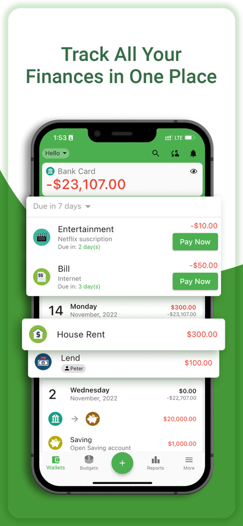 Finance Assist: Money Tracker - Finance Assist app interface showing bank card balance and recurring bill tracking