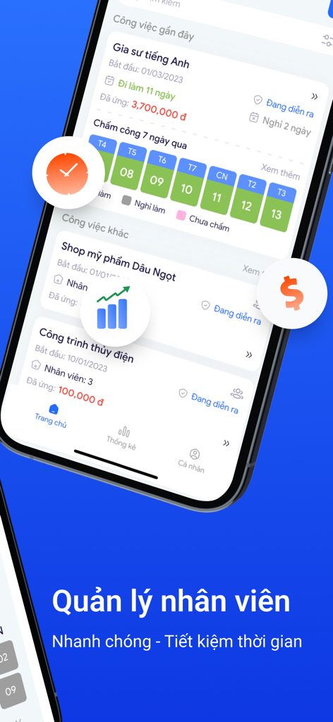 Interfaccia dell'app mobile AtWork che mostra le funzionalità di gestione delle presenze e delle buste paga dei dipendenti