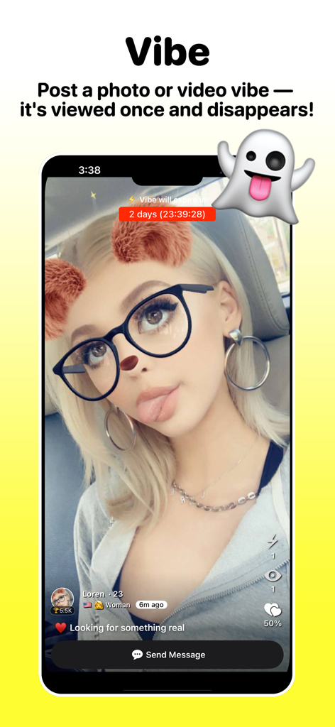 Dizkover: Find Friends Near Me - A mobile screenshot of the Dizkover app showcasing the Vibe feature where users post disappearing photo and video stories.