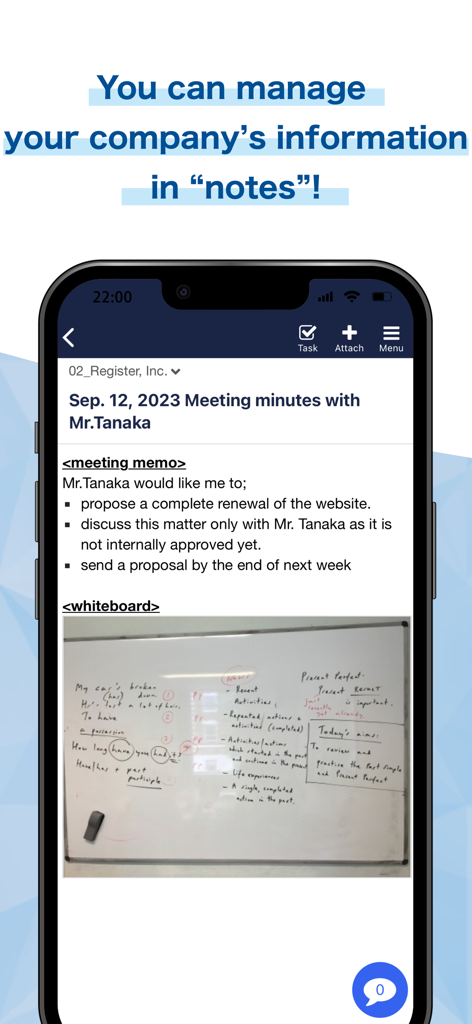 Stock-Info management app - Interfaz de aplicación móvil que muestra las actas de reuniones con notas de texto y una foto de pizarra.