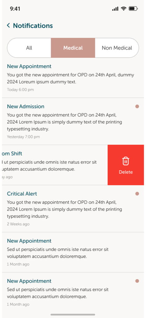 Pantalla de notificaciones de la aplicación C-Care PRO que muestra una lista de citas médicas, admisiones y alertas críticas con una opción de eliminación.