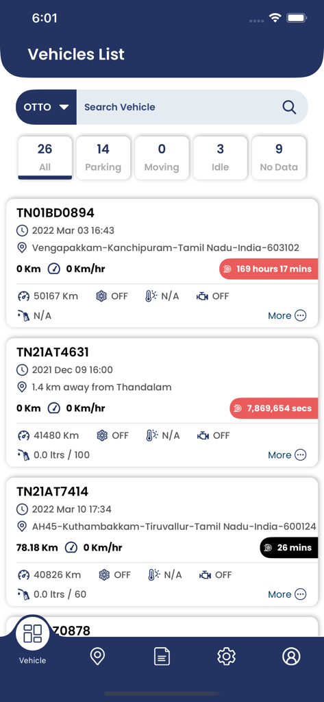 GPSVTS Pro - Dashboard der GPSVTS Pro-App mit einer Liste der verfolgten Fahrzeuge mit Echtzeitstatus und Standortdaten