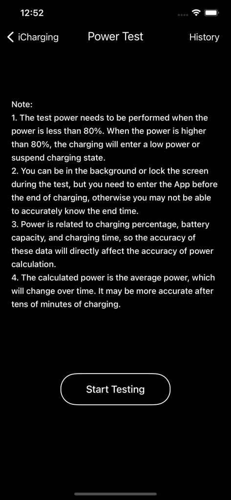 iCharging - play screensaver - A screenshot of the Power Test screen in the iCharging app showing usage notes and a start testing button