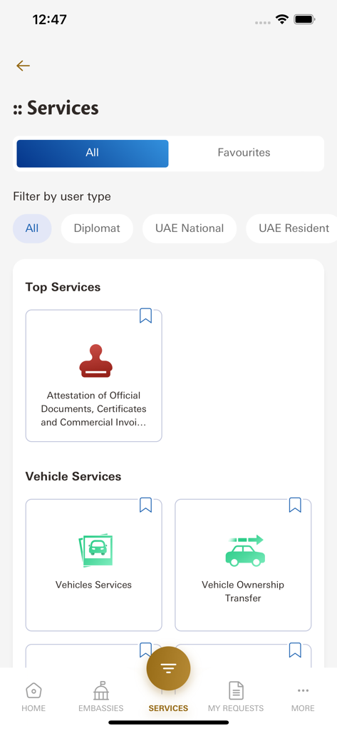 UAE MOFA mobile app interface showing services for document attestation and vehicle ownership transfer