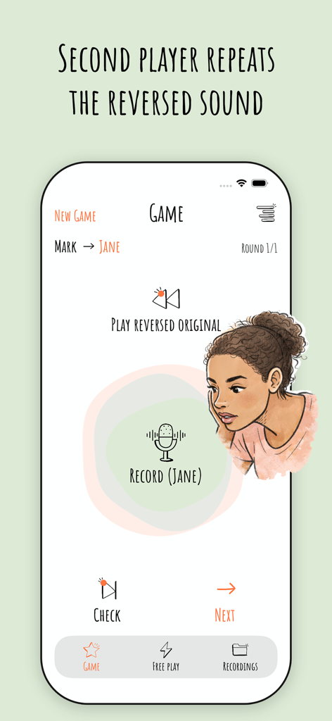 소녀 그림과 함께 Reverse Singing 오디오 게임의 녹음 인터페이스를 보여주는 스마트폰 화면