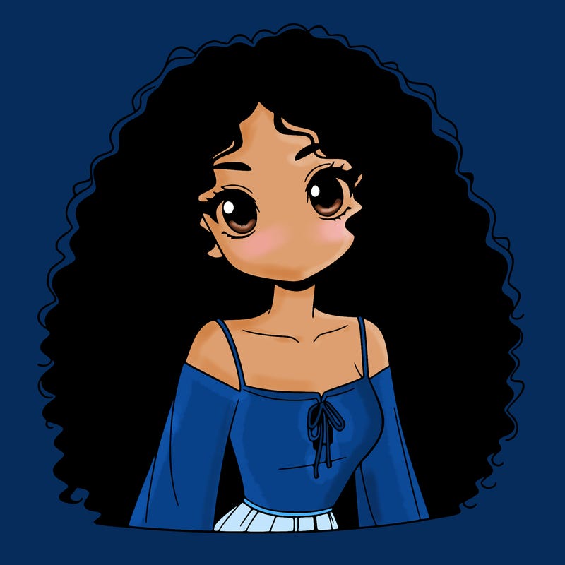 a black anime girl with long afro hair