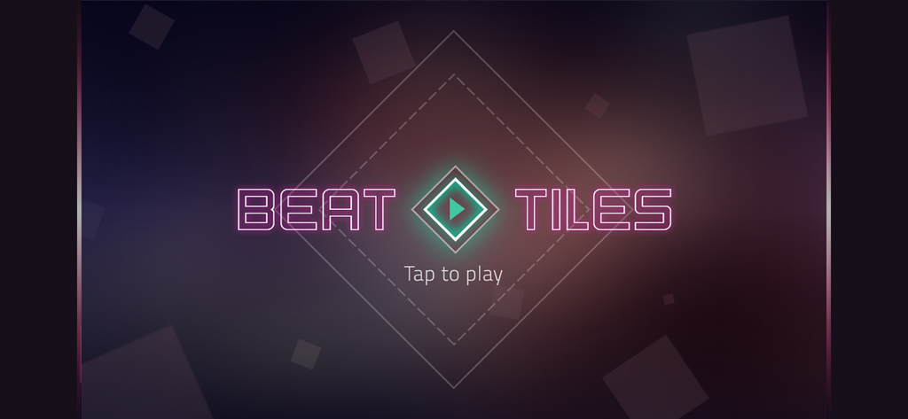 Beat Tiles: Rhythmatic tap - Beat Tilesゲームのスタート画面。ネオングリーンでタイトルが表示され、未来的な背景に「tap to play」ボタンが表示されている