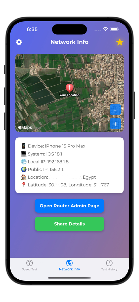 Test Speed: WiFi & Internet - Network information screen showing IP addresses and location details in the Test Speed app.