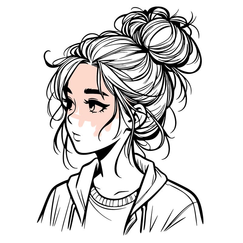 realistic teenage girl with a messy bun