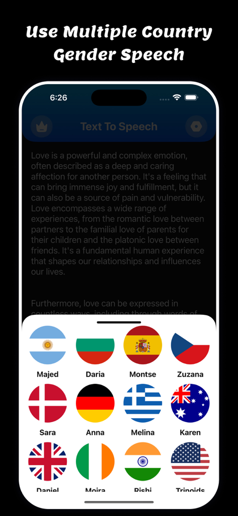 Speech To Text: Voice Notes - Interfaz de la aplicación móvil que muestra una variedad de opciones de voz internacionales y banderas de países para la función de texto a voz.