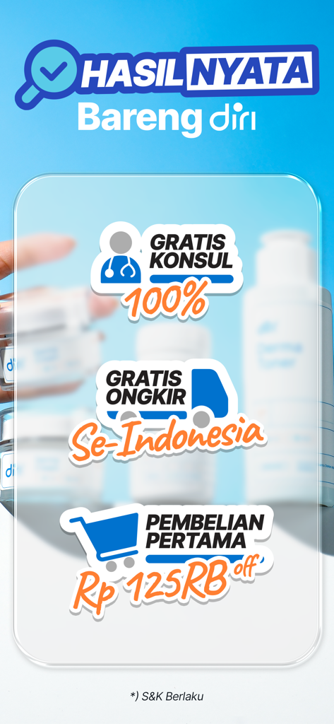 Diri App-Bildschirm mit kostenlosen Beratungs- und kostenlosen Versandvorteilen für individuell angepasste Haut- und Haarpflege