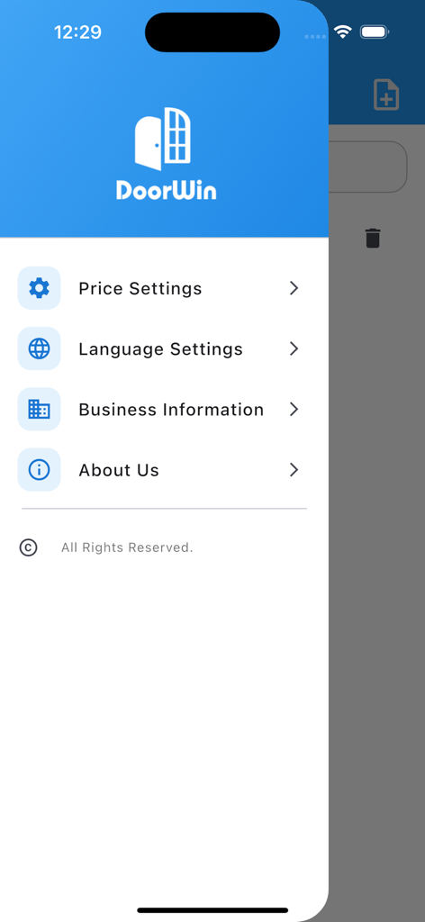 DoorWin PVC uPVC Aluminium - Menú de configuración de la aplicación DoorWin mostrando opciones de idioma de precios e información comercial