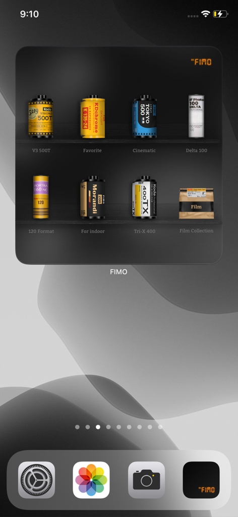 iPhone home screen with a FIMO app widget displaying various vintage film canisters