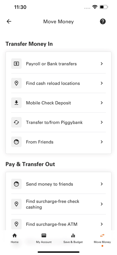 Pantalla de la app móvil Money Network que muestra opciones para mover dinero hacia adentro y hacia afuera, incluyendo depósito de cheques por móvil y localizador de cajeros automáticos.